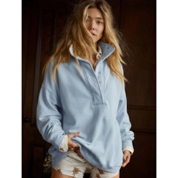 aerie Tops - Aerie‎ Getaway Quarter Zip Sweatshirt Womens XL Ice Blue Oversized Pullover